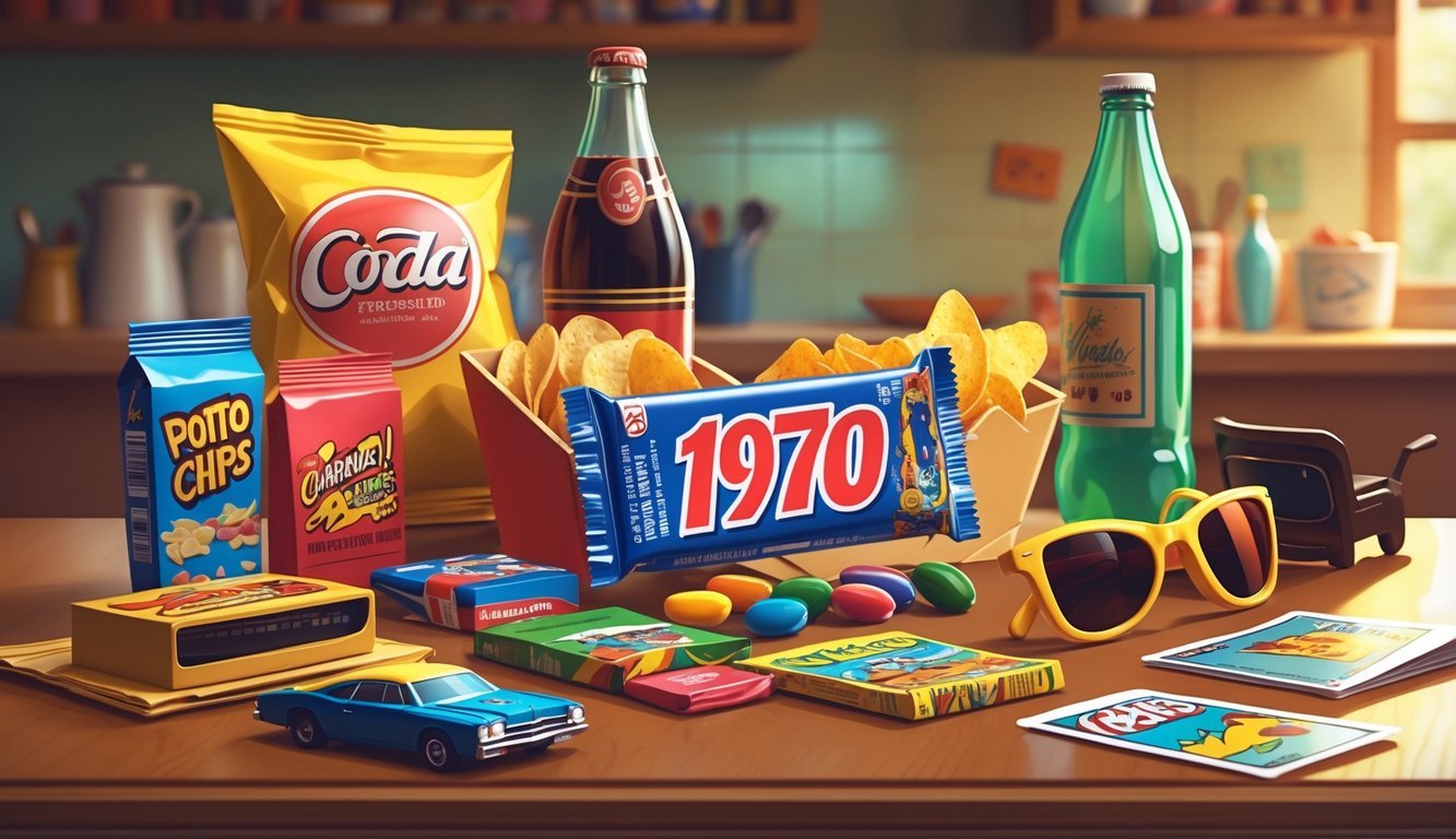 A collection of eight 1970s items including a candy bar, gum, soda bottle, chips, comic book, sunglasses, toy car, and trading cards arranged on a table.