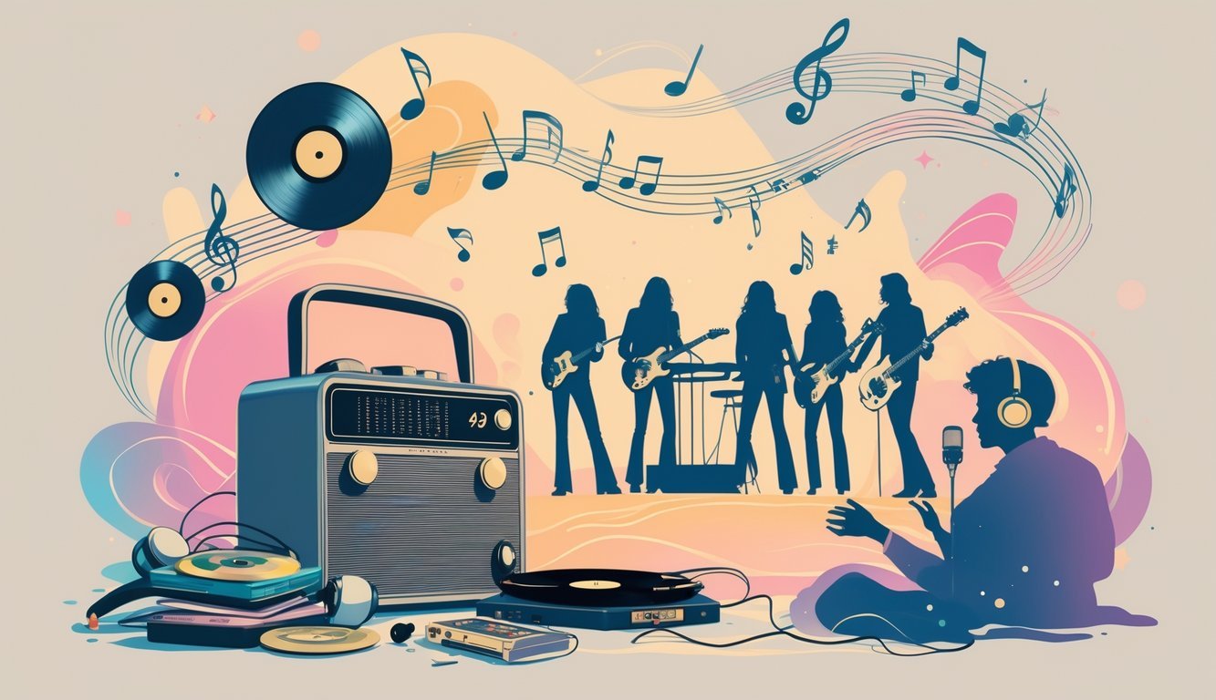 A vintage radio surrounded by vinyl records and cassette tapes with silhouettes of musicians playing instruments against a dreamy, colorful background.