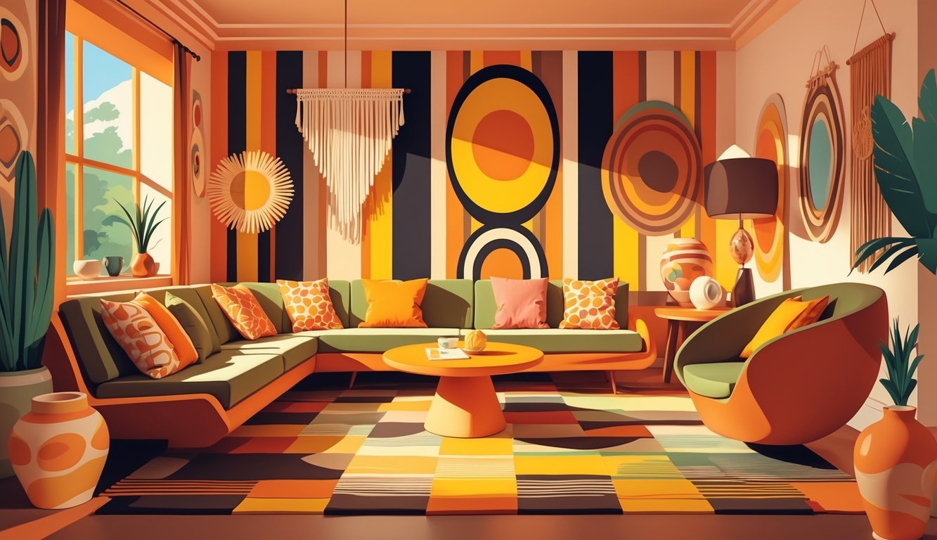 A colorful living room with patterned rugs, a rounded sofa, a coffee table, and decorative vases arranged in a cozy setting.