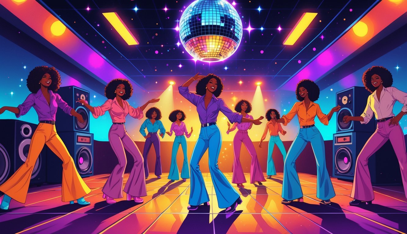 A lively 1970s disco dance floor with people dancing under a sparkling disco ball surrounded by colorful lights and vintage music equipment.
