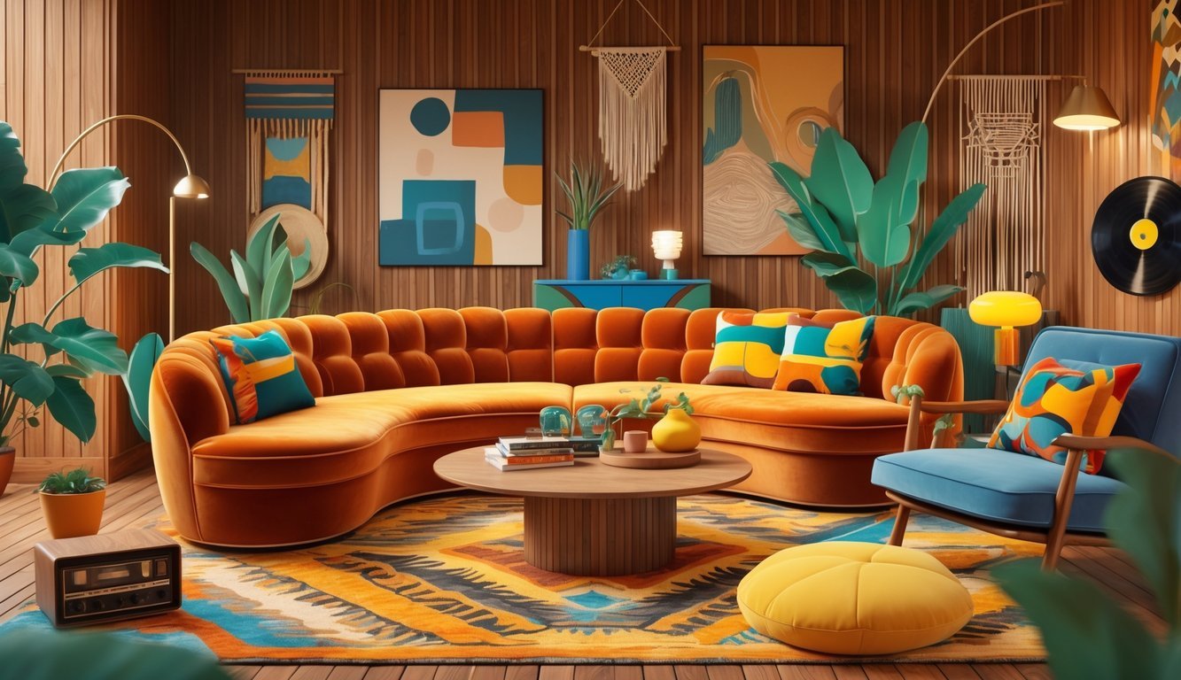 A living room with a large curved sofa, patterned rug, wooden coffee table, floor lamp, plants, and wall decorations.