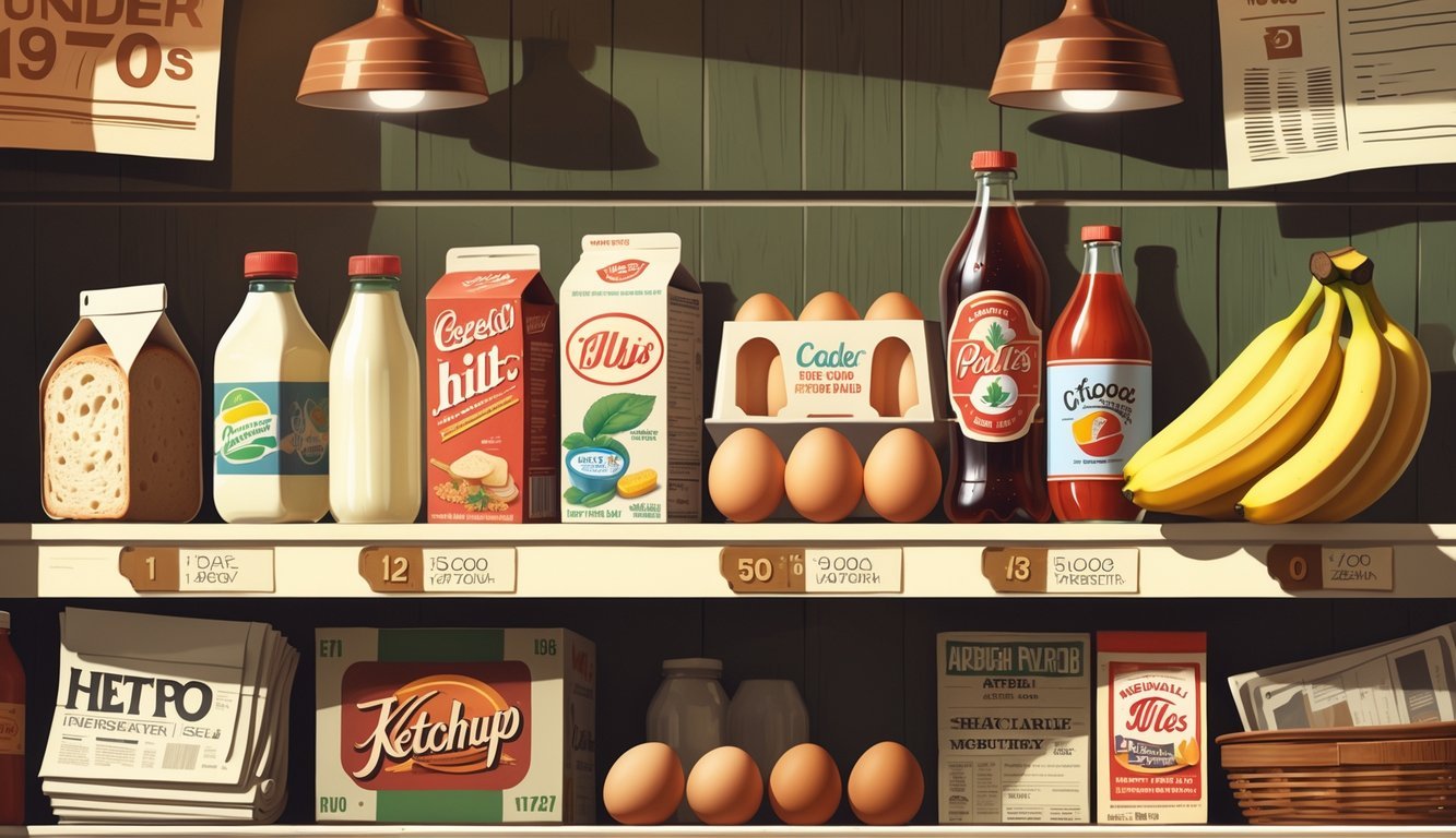 A grocery store shelf from the 1970s displaying eight everyday items including bread, milk, eggs, soda, cereal, bananas, newspaper, and ketchup.