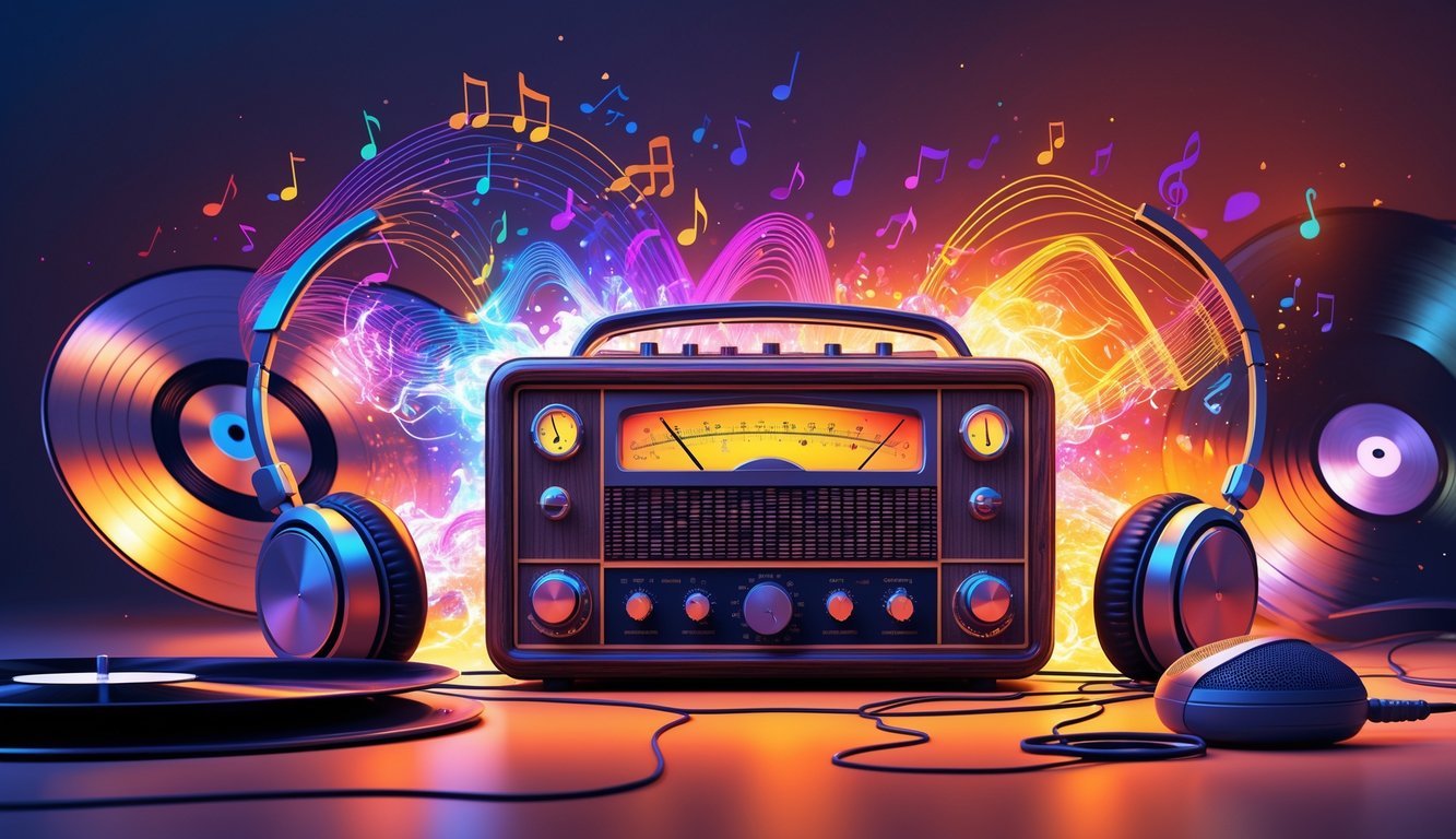 A vintage radio surrounded by vinyl records and musical notes swirling in colorful waves, evoking the energy of 1970s rock music.