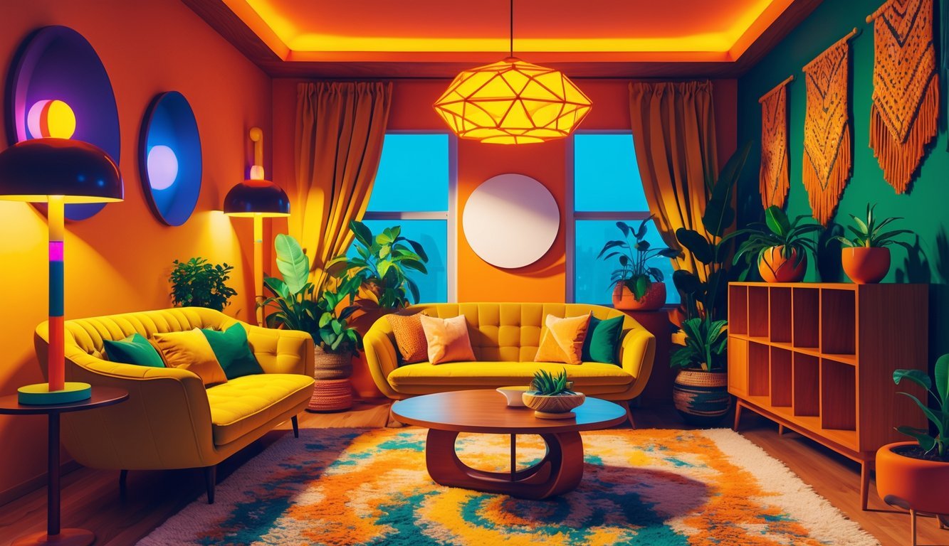 A cozy living room with colorful lighting, a yellow sofa, wooden coffee table, patterned rug, and green plants.