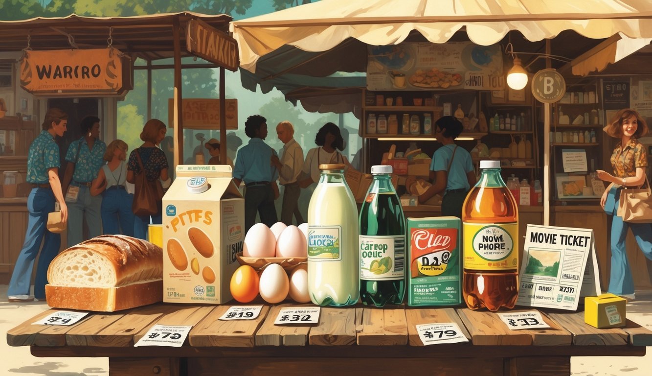 A 1970s outdoor market stall displaying eight common items that cost less than a dollar back then, with shoppers in 1970s clothing around.