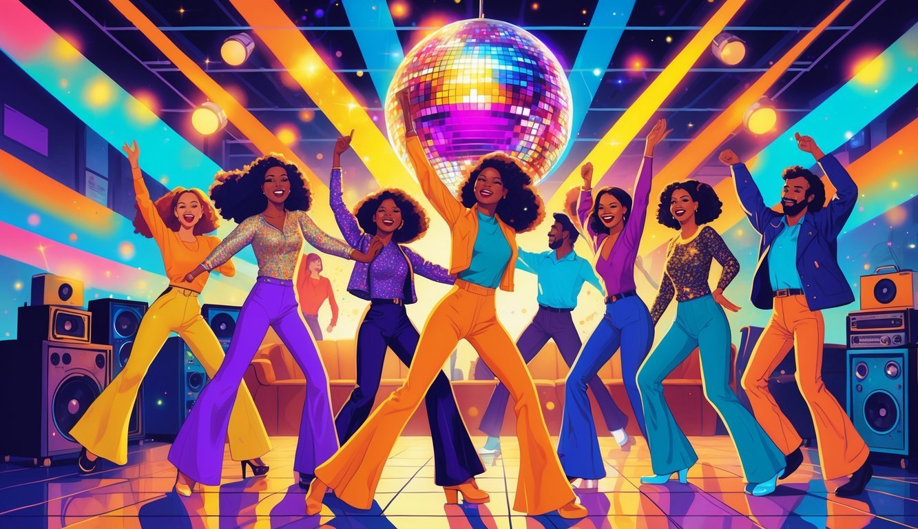 A group of people dancing joyfully under colorful disco lights in a 1970s nightclub with a large disco ball overhead.