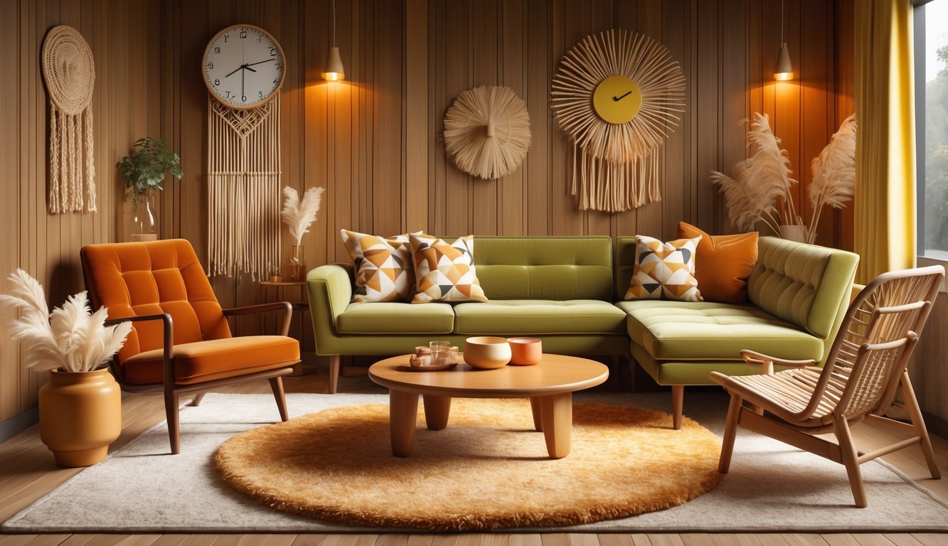 A cozy living room with warm earthy colors featuring vintage furniture, decorative cushions, a shaggy rug, and plants.