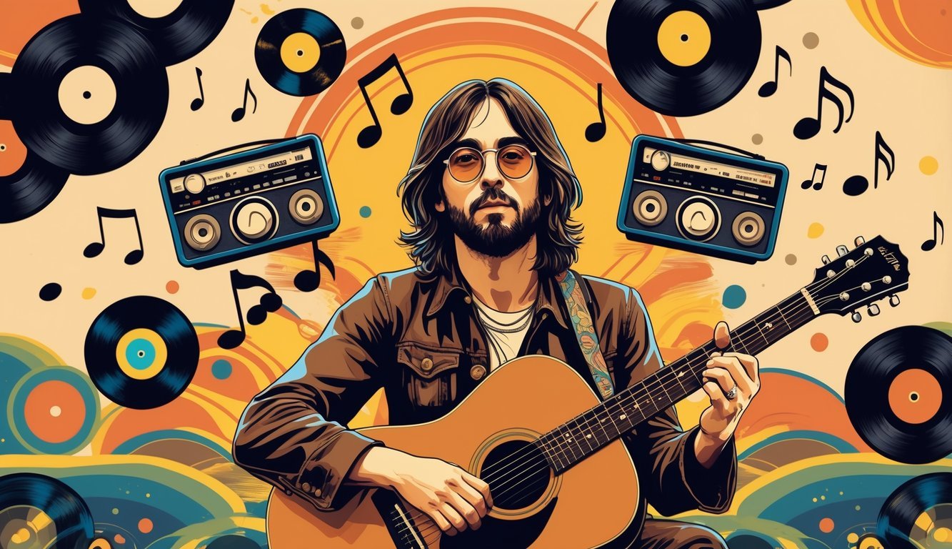 Portrait of John Lennon playing guitar surrounded by vintage radios, vinyl records, and colorful 1970s patterns.