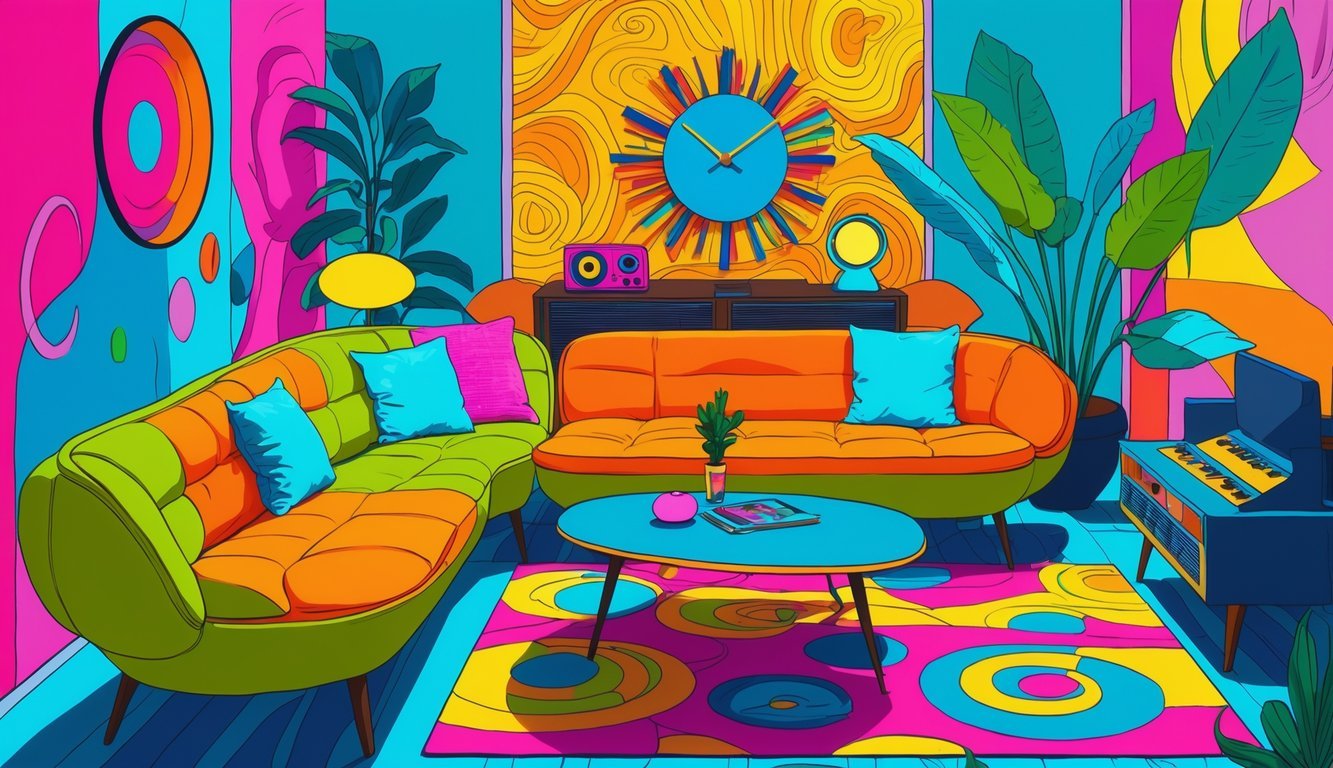 A colorful living room with 1970s style furniture including a rounded sofa, coffee table, sunburst clock, lava lamp, record player, patterned rugs, and large potted plants.