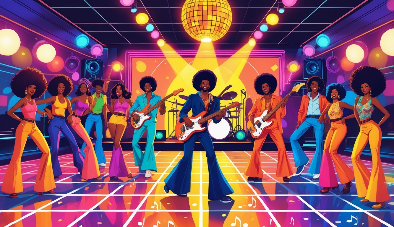 A lively 1970s disco dance floor with people dancing in colorful retro clothing and a band playing instruments on stage under a shining disco ball.