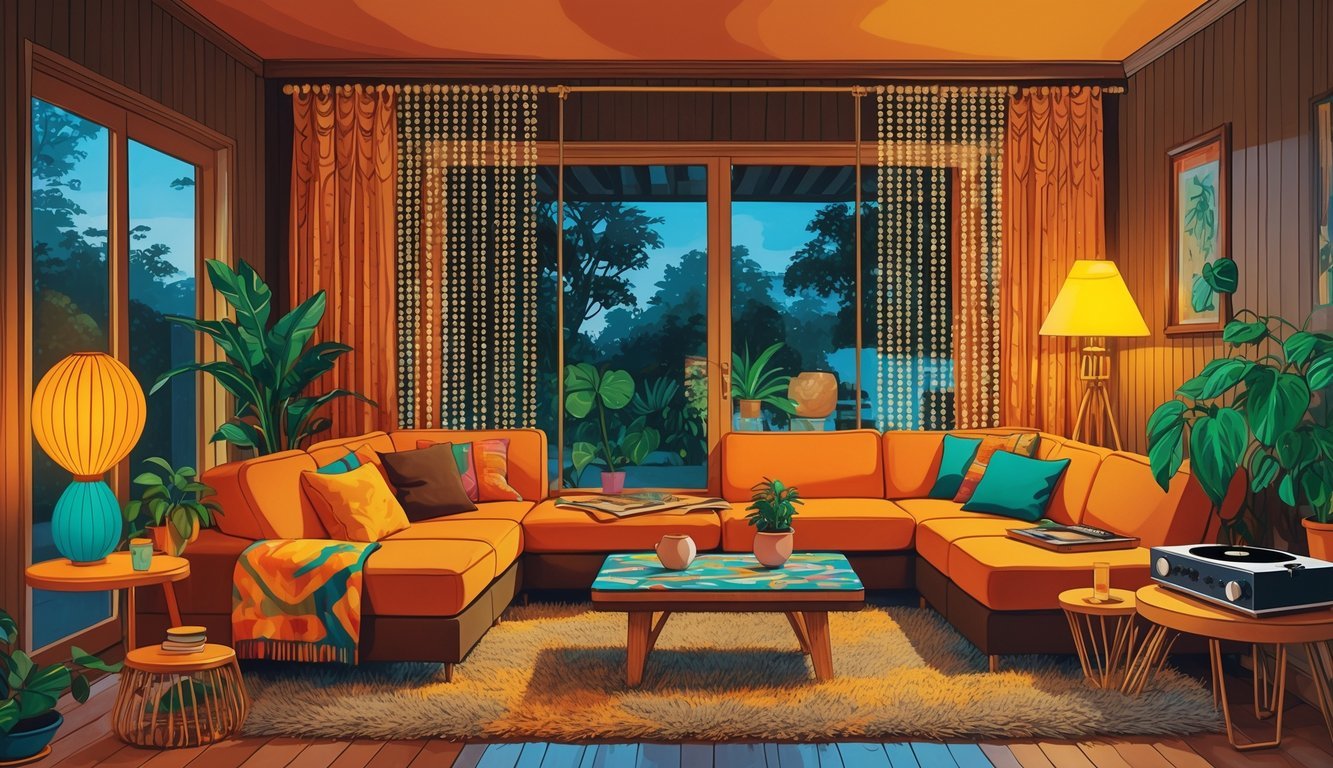 A cozy living room with beaded curtains, a sectional sofa, a shaggy rug, plants, and vintage decor from the 1970s.