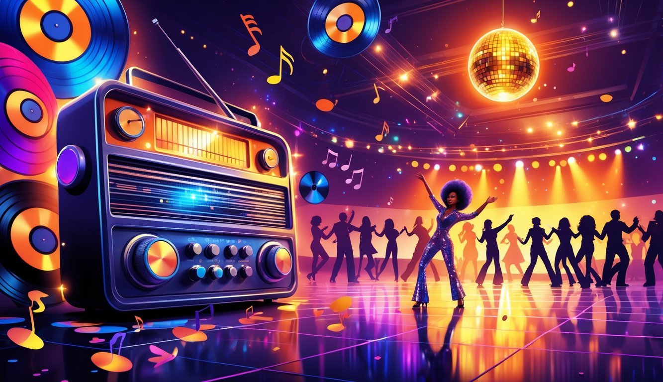 A lively disco dance floor with people dancing under colorful spotlights and a disco ball, surrounded by floating vinyl records and a retro radio emitting musical notes.