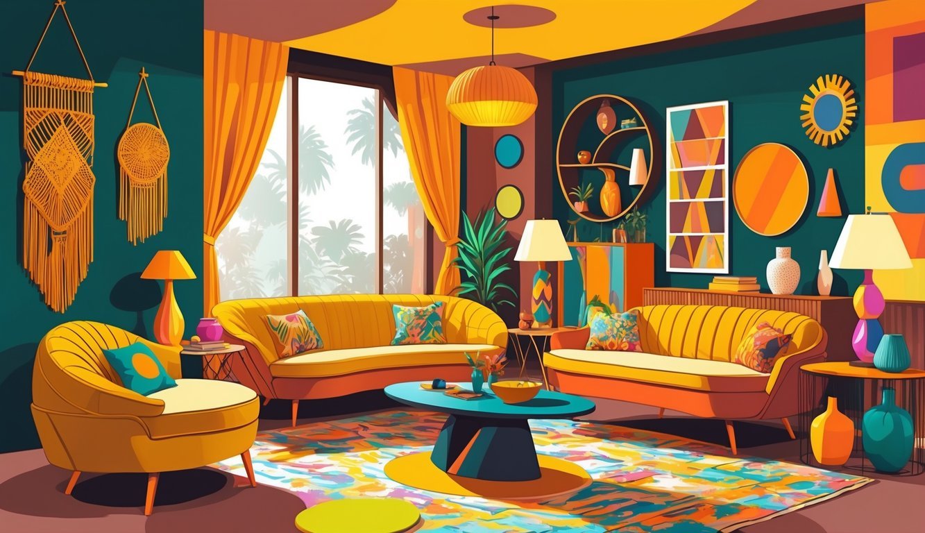 A cozy living room with colorful furniture, patterned rugs, and decorative lamps arranged in a warm and inviting space.