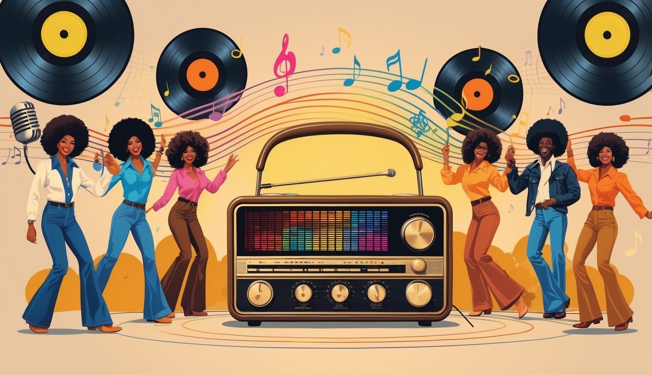 A vintage 1970s radio surrounded by people dancing in 70s clothing, with musical notes and records floating around.
