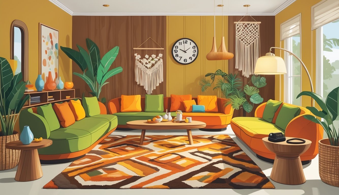 A cozy living room with a sofa, coffee table, floor lamp, plants, and various decorative items arranged in a warm and inviting setting.