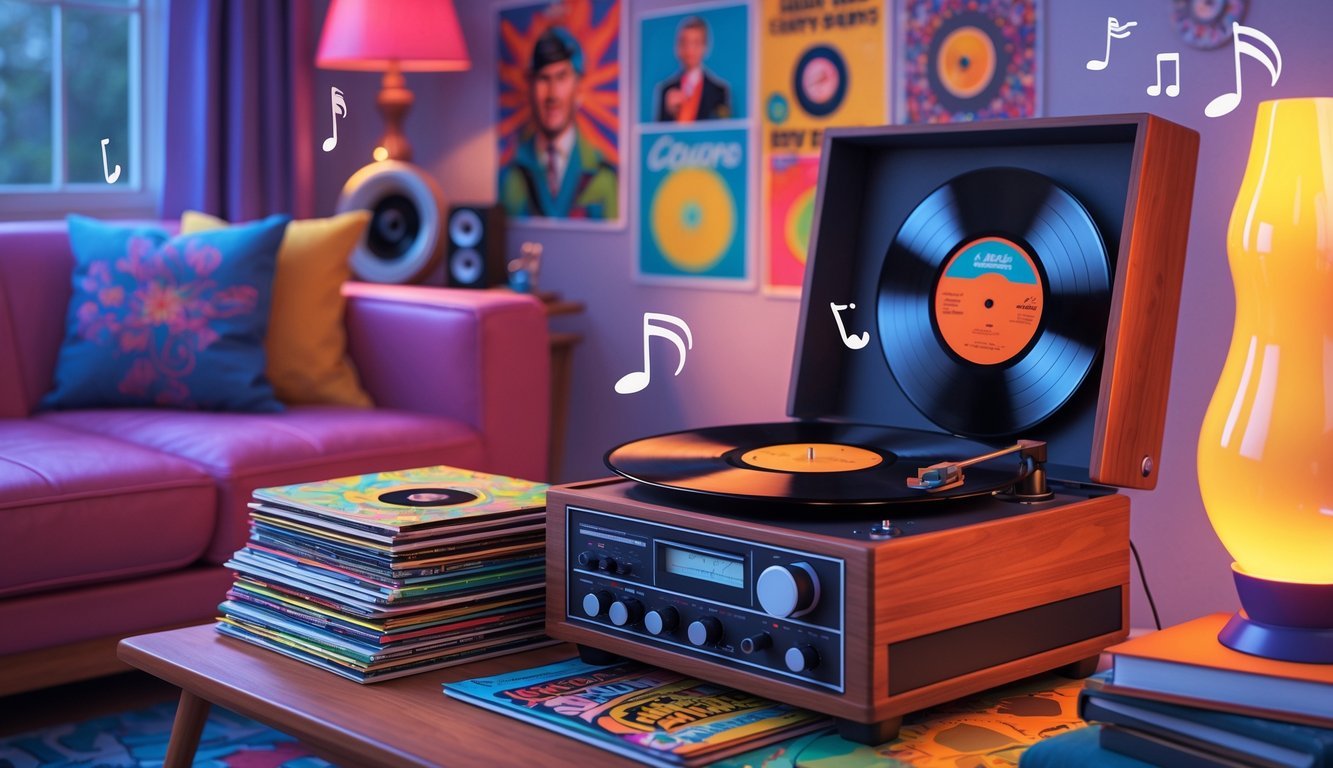 A retro living room with a vintage record player, vinyl albums, headphones, a lava lamp, and 1970s music posters on the wall.