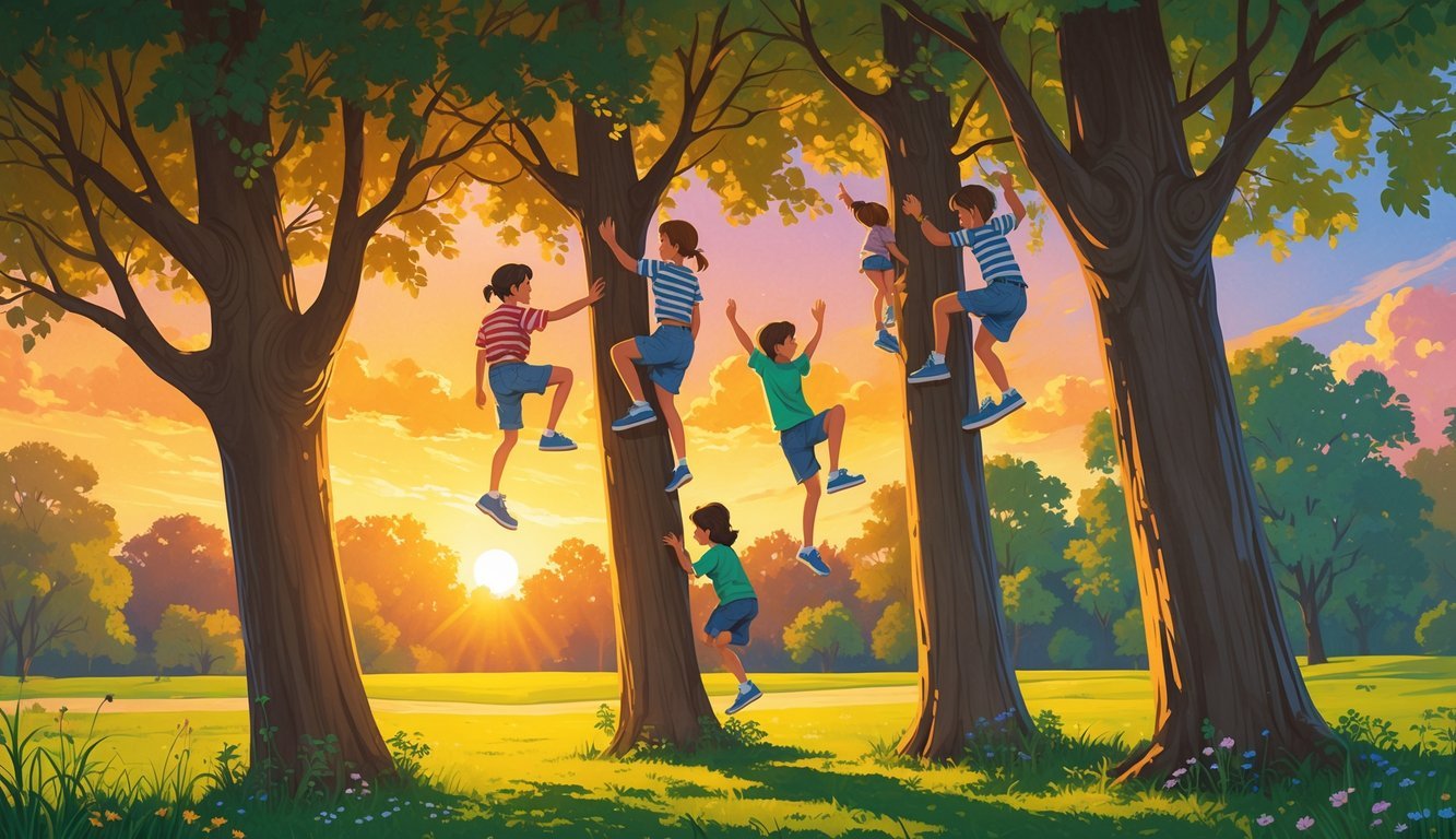 Children climbing trees in a park during a summer sunset with warm orange and pink sky.