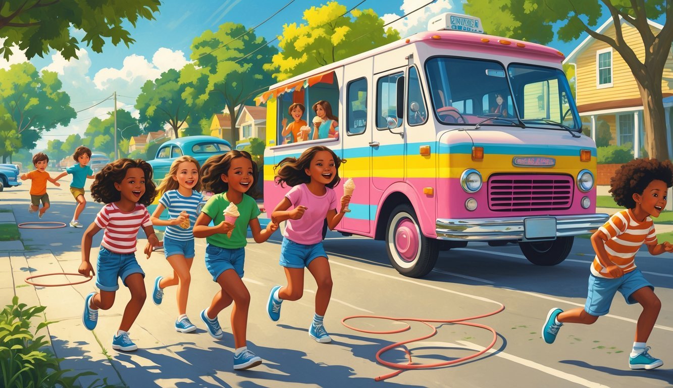 Children running after a colorful ice cream truck on a sunny suburban street with trees and vintage cars.