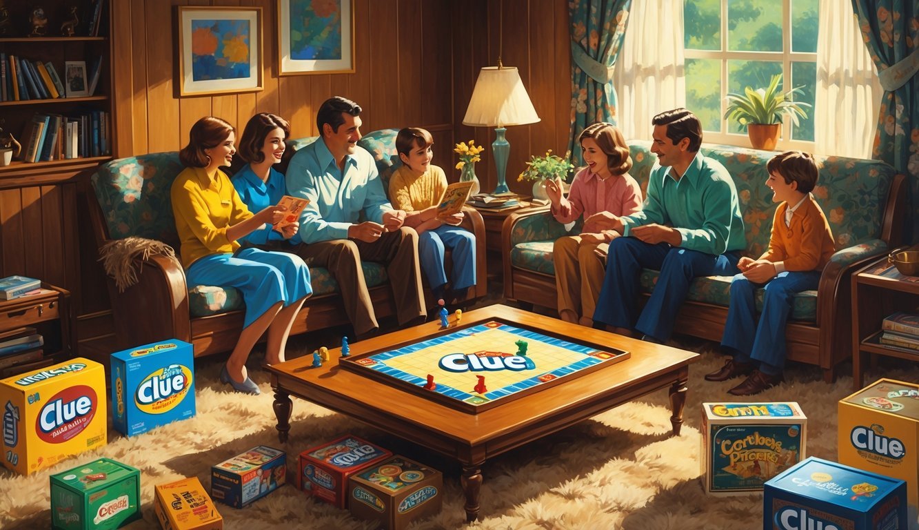A 1970s family gathered in a living room around a coffee table with Clue and other vintage board games ready to play.