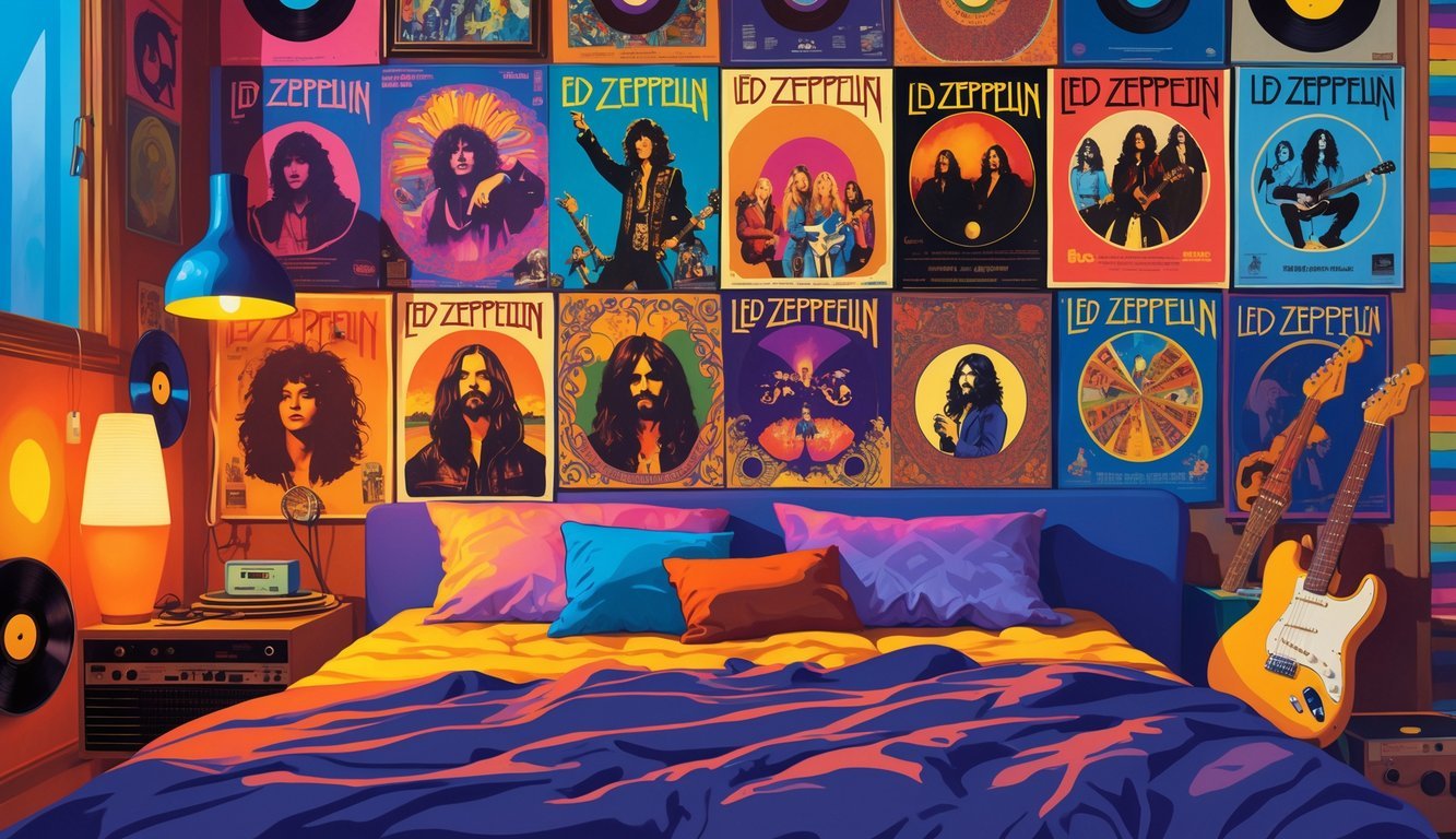 A 1970s teenager's bedroom wall covered with Led Zeppelin posters and surrounded by vintage music memorabilia.