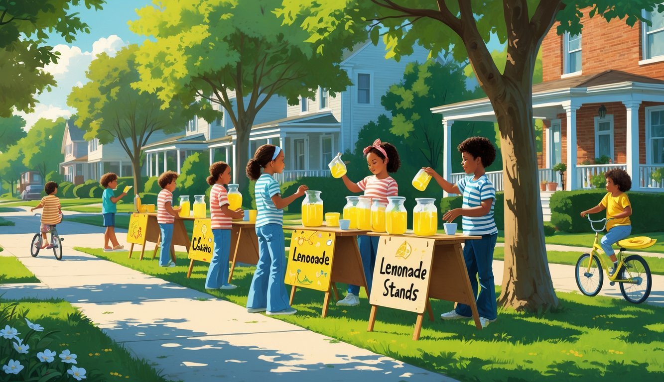Children setting up lemonade stands on a sunny suburban street with other kids playing nearby during summer.