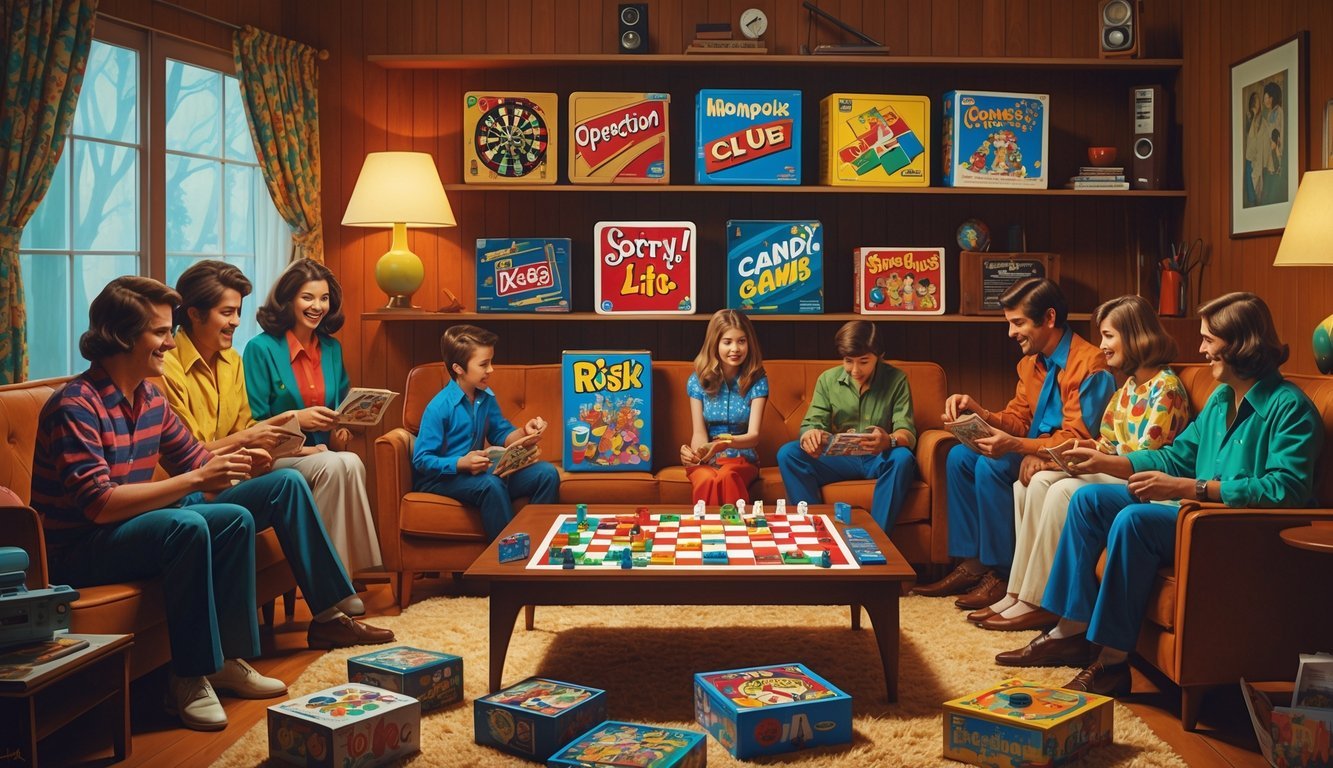 A 1970s family living room with a coffee table and shelves displaying twelve classic board games, with family members playing and enjoying the games together.
