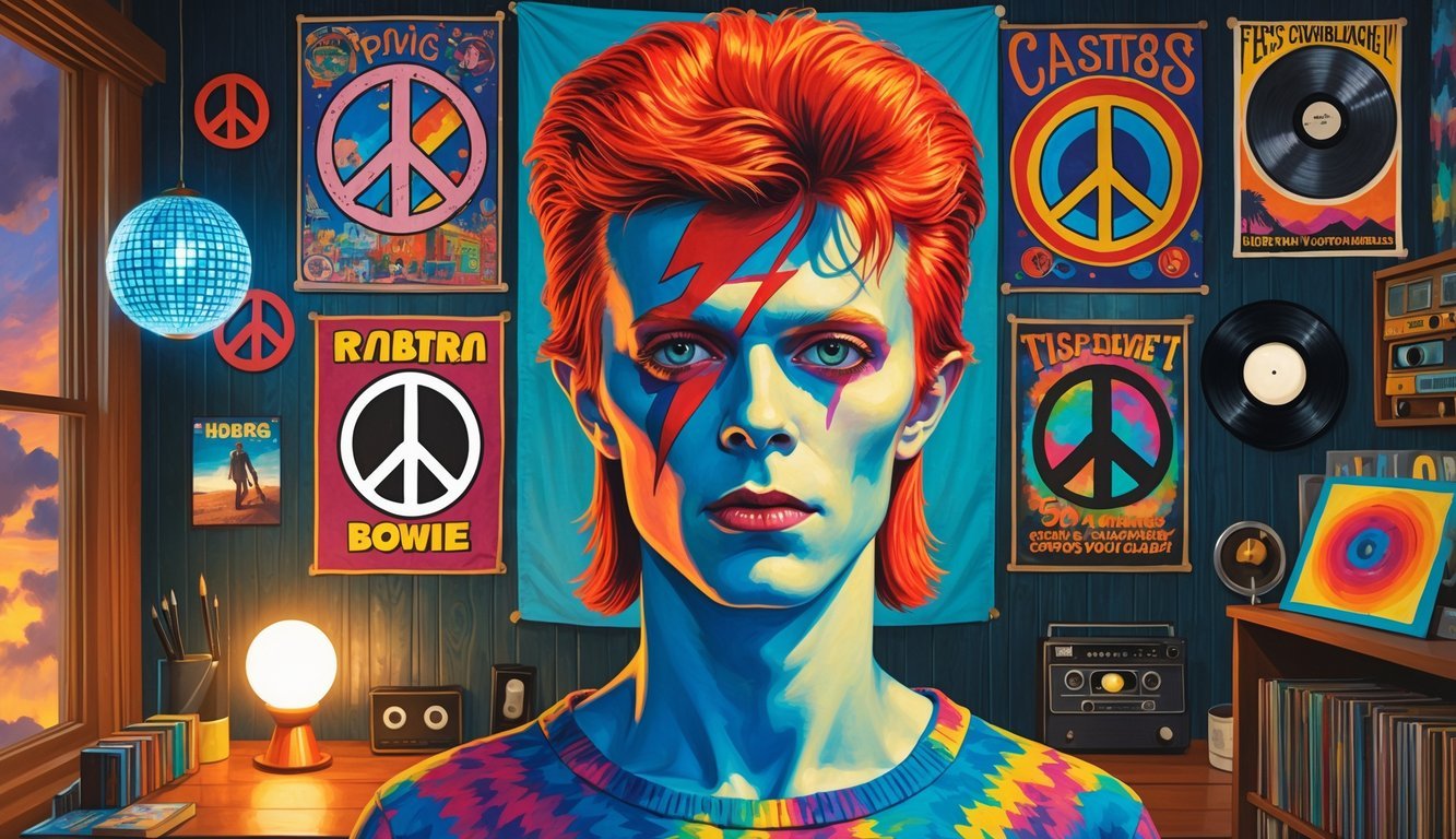 A teenager's bedroom wall from the 1970s covered with a large portrait of David Bowie and various iconic posters, decorations, and memorabilia typical of the era.