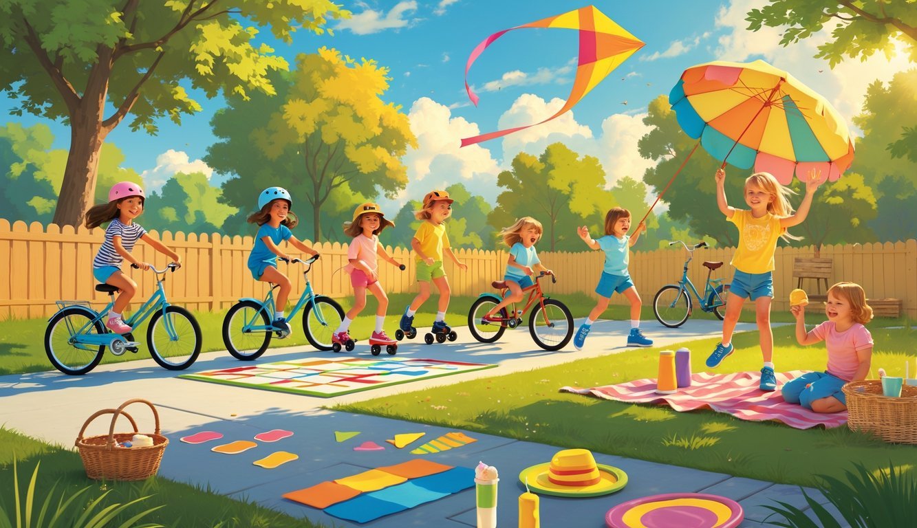 Children enjoying seven different summer activities outdoors including biking, roller skating, hopscotch, kite flying, eating ice cream, playing frisbee, and splashing in a pool on a sunny day.