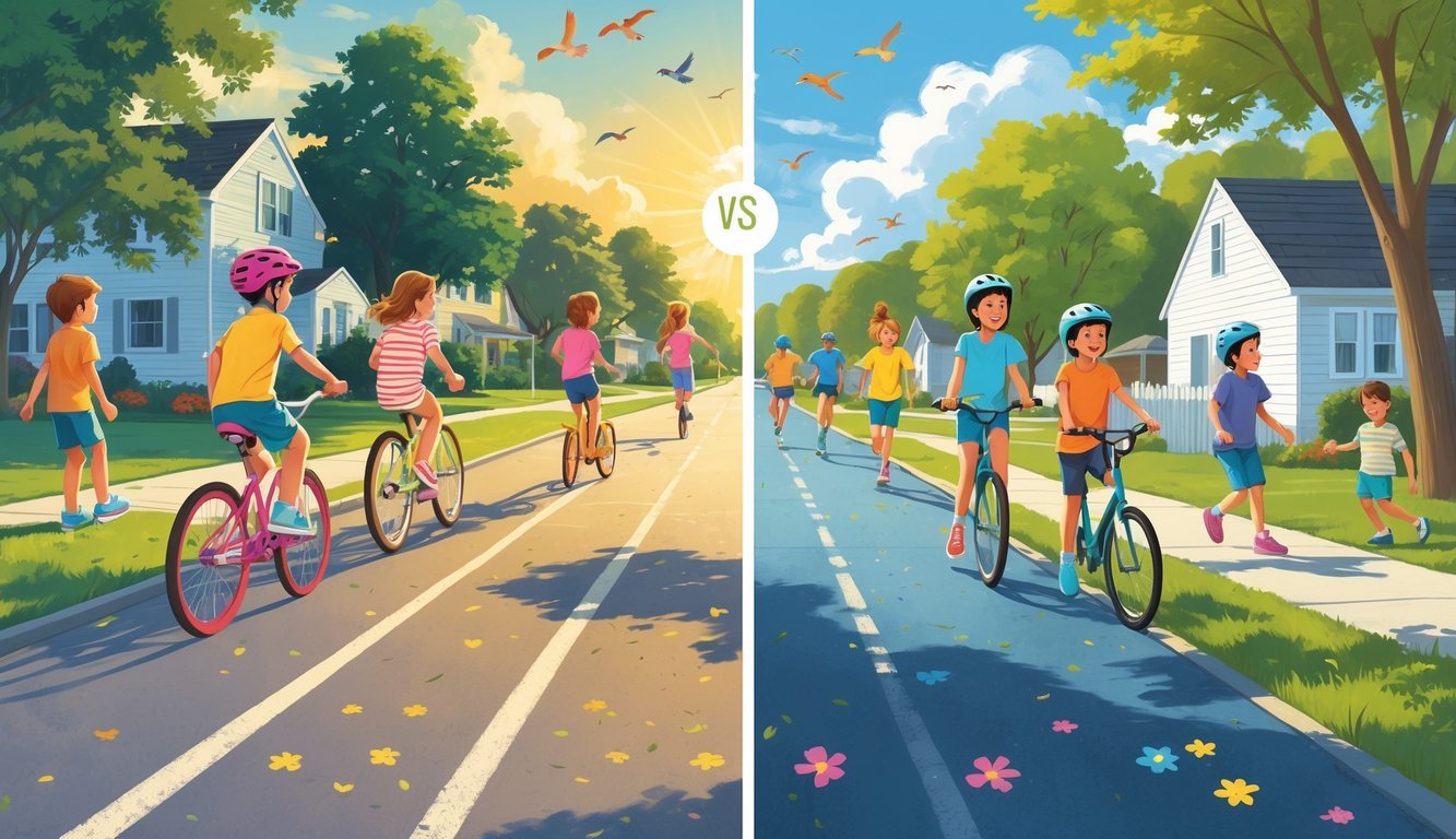 A split scene showing children enjoying summer activities from the 1970s on one side and modern summer activities on the other side.