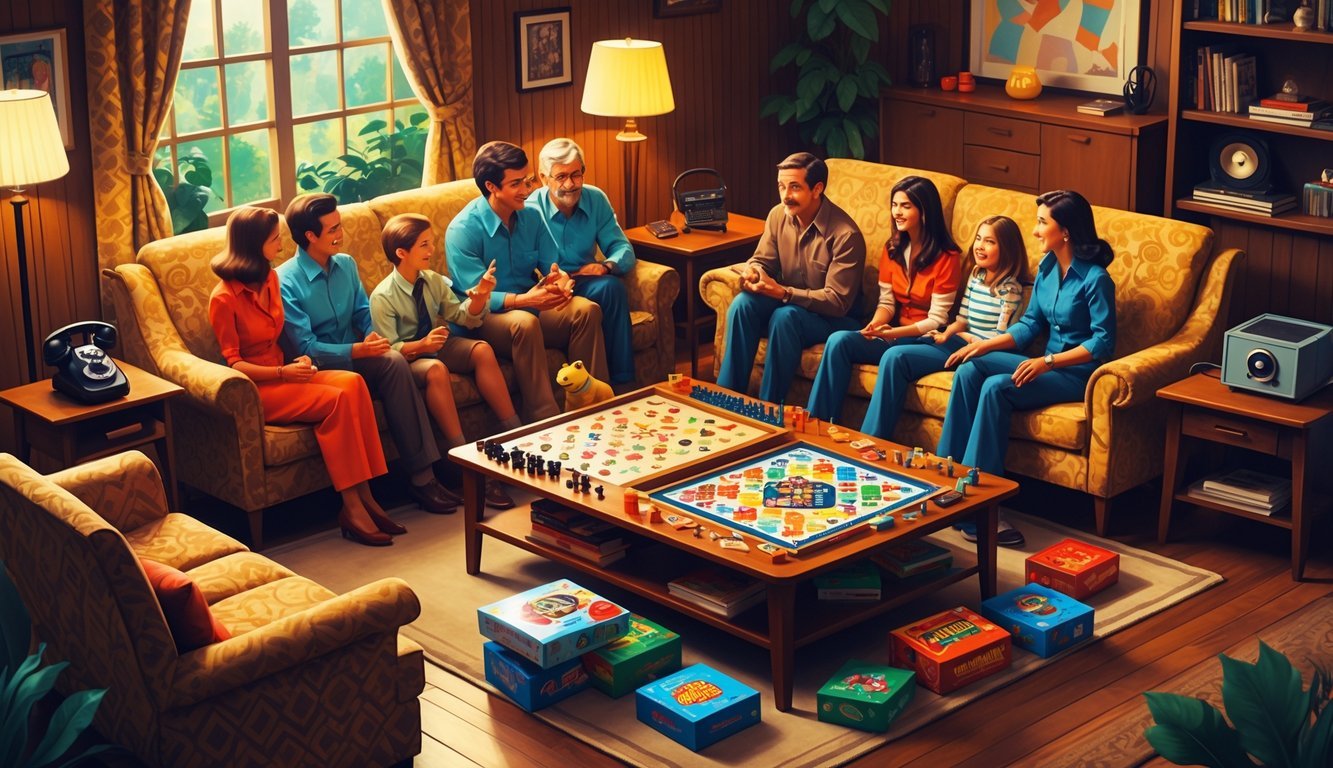 A 1970s family living room with a coffee table covered in classic board games and family members playing together.