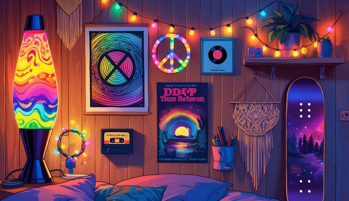 A 1970s teenager's bedroom wall decorated with a glowing lava lamp, psychedelic poster, peace sign, vinyl record cover, macrame hanging, band poster, skateboard deck, fairy lights, cassette tapes, and a friendship bracelet.