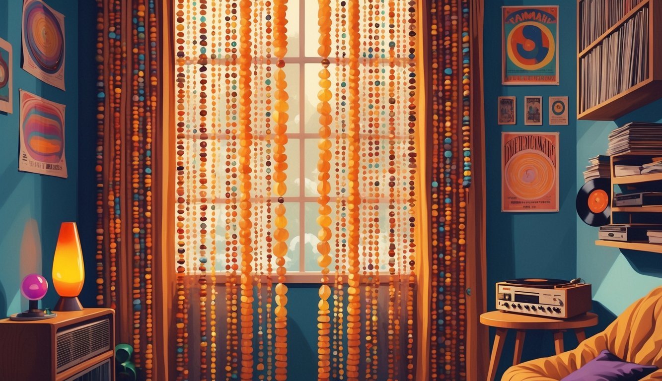 A 1970s teenager's bedroom wall with colorful beaded curtains hanging from a wooden rod, surrounded by a lava lamp, vinyl records, and a bean bag chair.