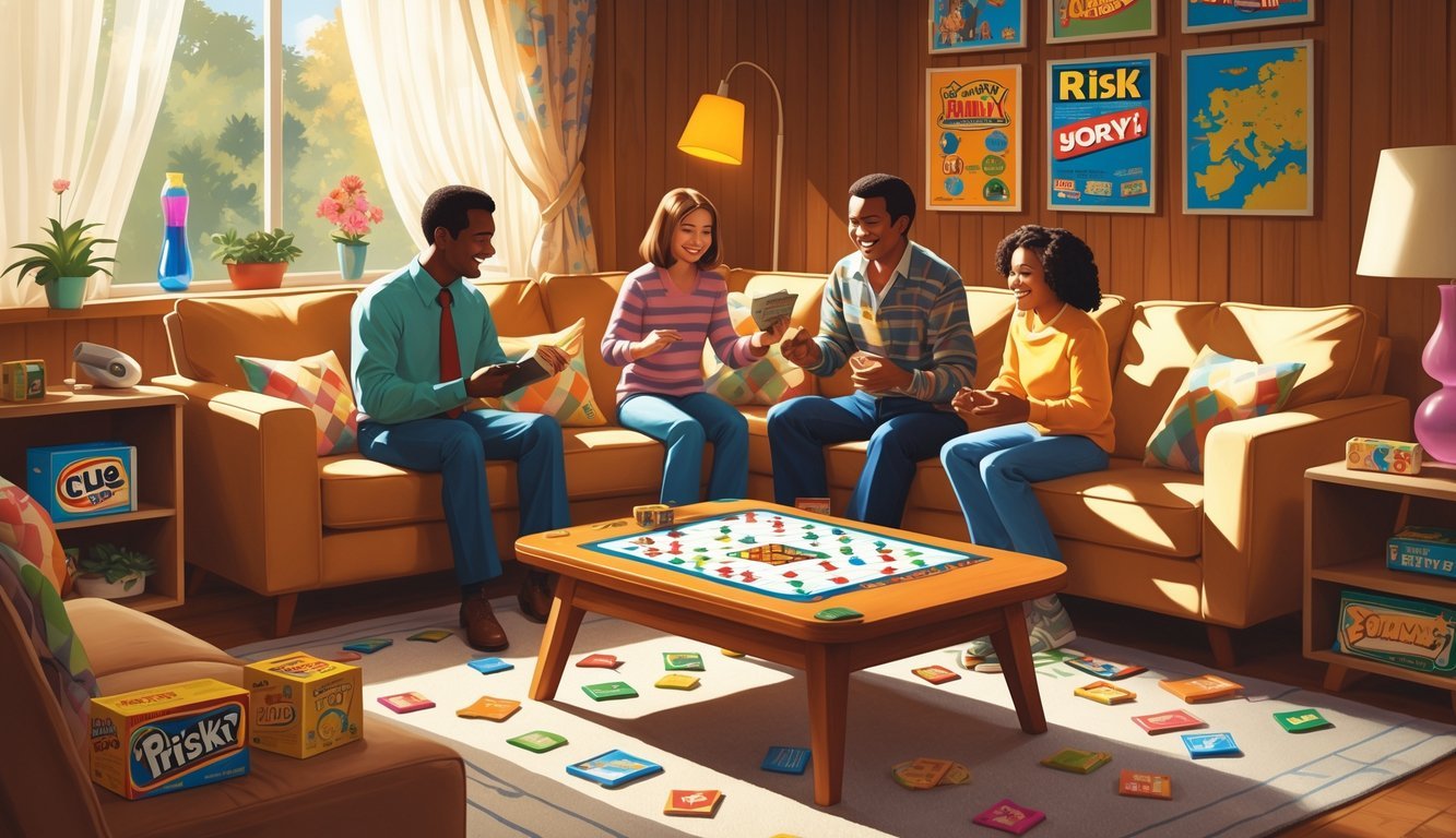 A family of four playing classic board games together in a cozy 1970s living room filled with vintage decor.