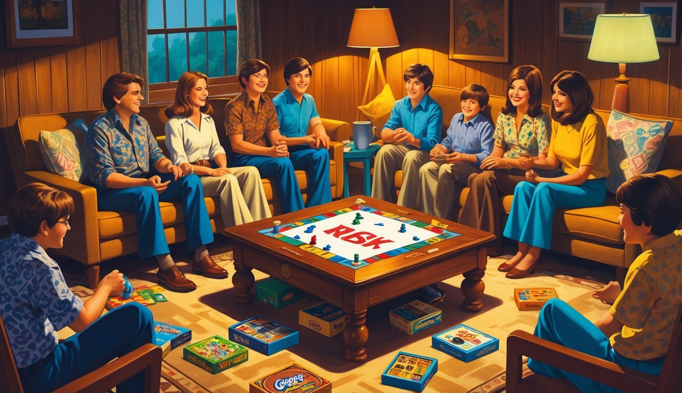 A 1970s family gathered around a coffee table in a living room playing and surrounded by twelve classic board games including Risk.