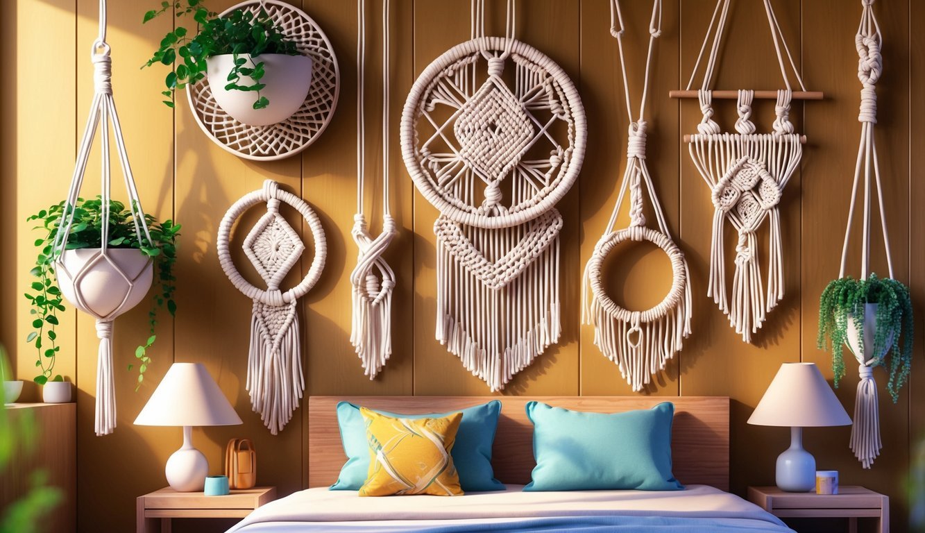A bedroom wall decorated with ten different knotted macramé wall hangings in various shapes and patterns.