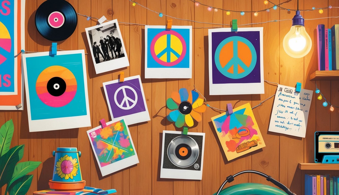 A teenager's bedroom wall covered with a collage of Polaroid photos and 1970s teen items like a vinyl record, rock band poster, peace sign, lava lamp, roller skates, skateboard, cassette tape, flower stickers, handwritten notes, and friendship bracelets.