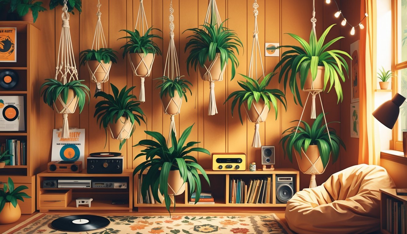 A 1970s teenager's bedroom wall decorated with ten spider plants hanging in macrame holders, surrounded by retro decor elements like wood paneling, posters, and a lava lamp.