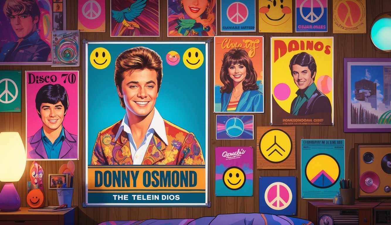 A 1970s teenager's bedroom wall covered with colorful posters and memorabilia, including a prominent image of Donny Osmond and other 70s pop culture decorations.