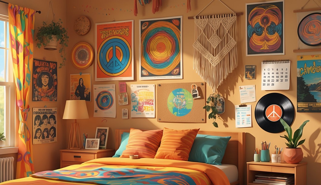 A teenager's bedroom wall from the 1970s covered with band posters, psychedelic art, photos, a macramé hanging, and other personal items.