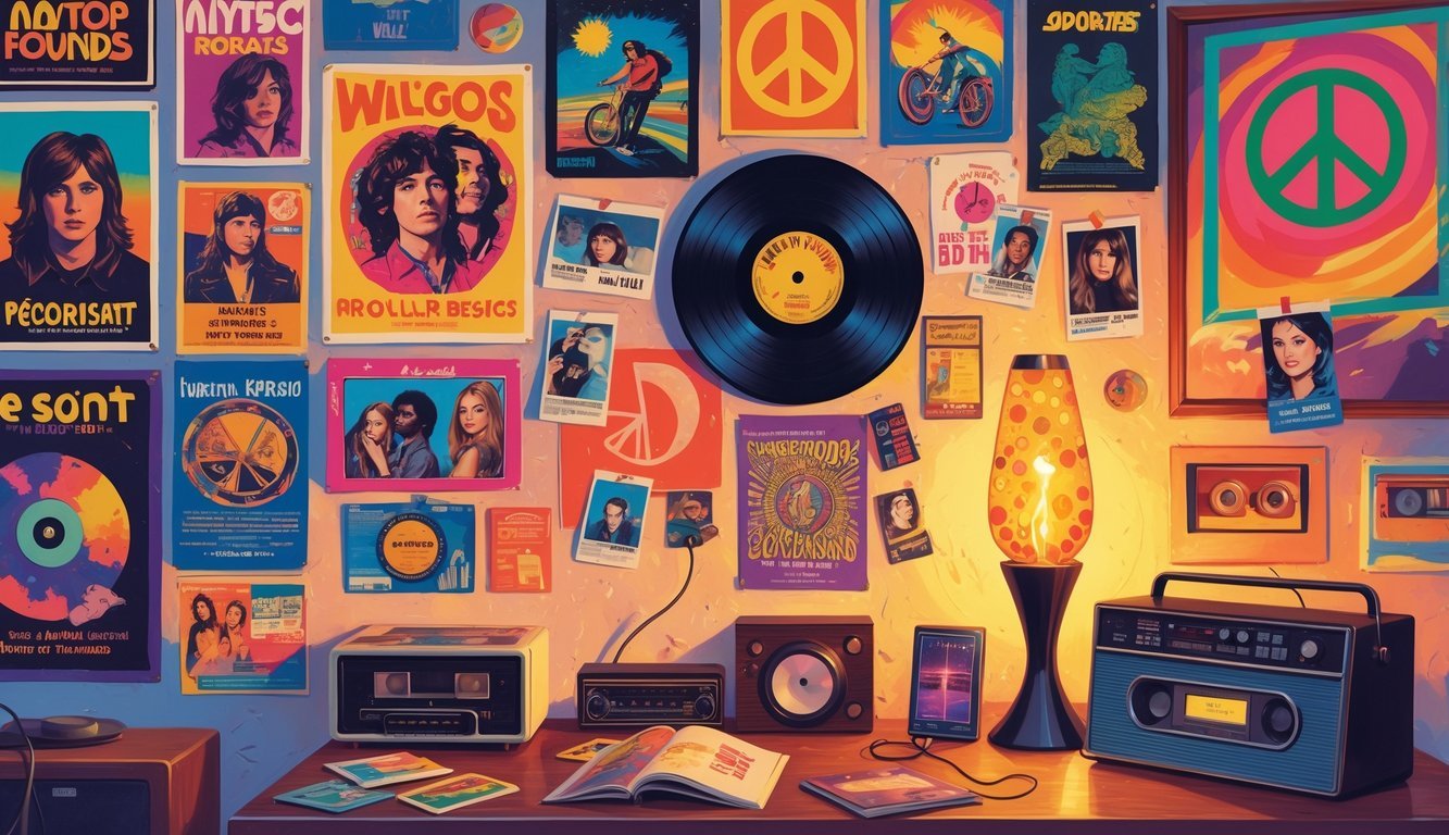 A teenager's bedroom wall covered with posters, photos, and memorabilia from the 1970s, including band posters, concert tickets, and vinyl record covers.