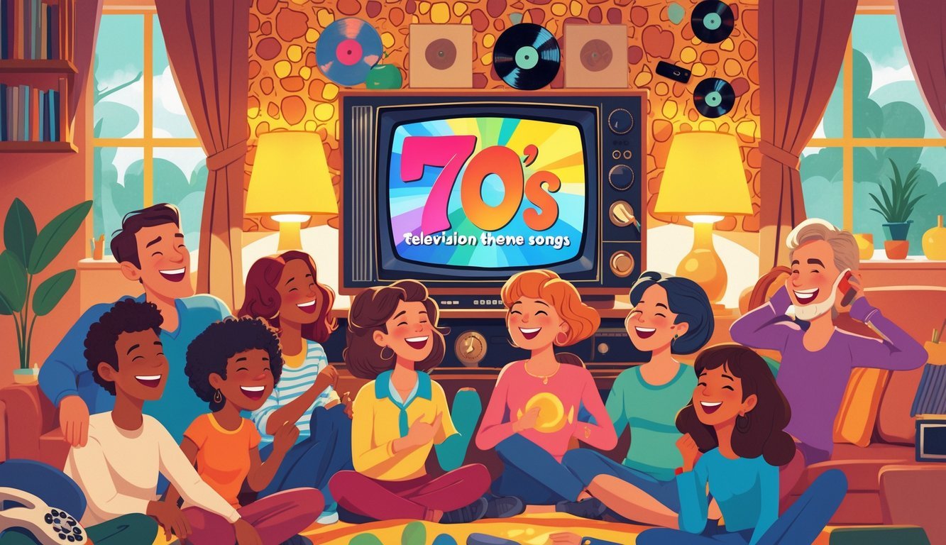 A group of people happily listening and humming to music in a cozy living room with a vintage 1970s television and retro decor.