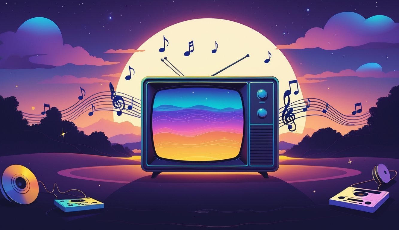 A glowing vintage television set in a twilight landscape with floating musical notes and retro 1970s objects around it, suggesting a mysterious and nostalgic atmosphere.