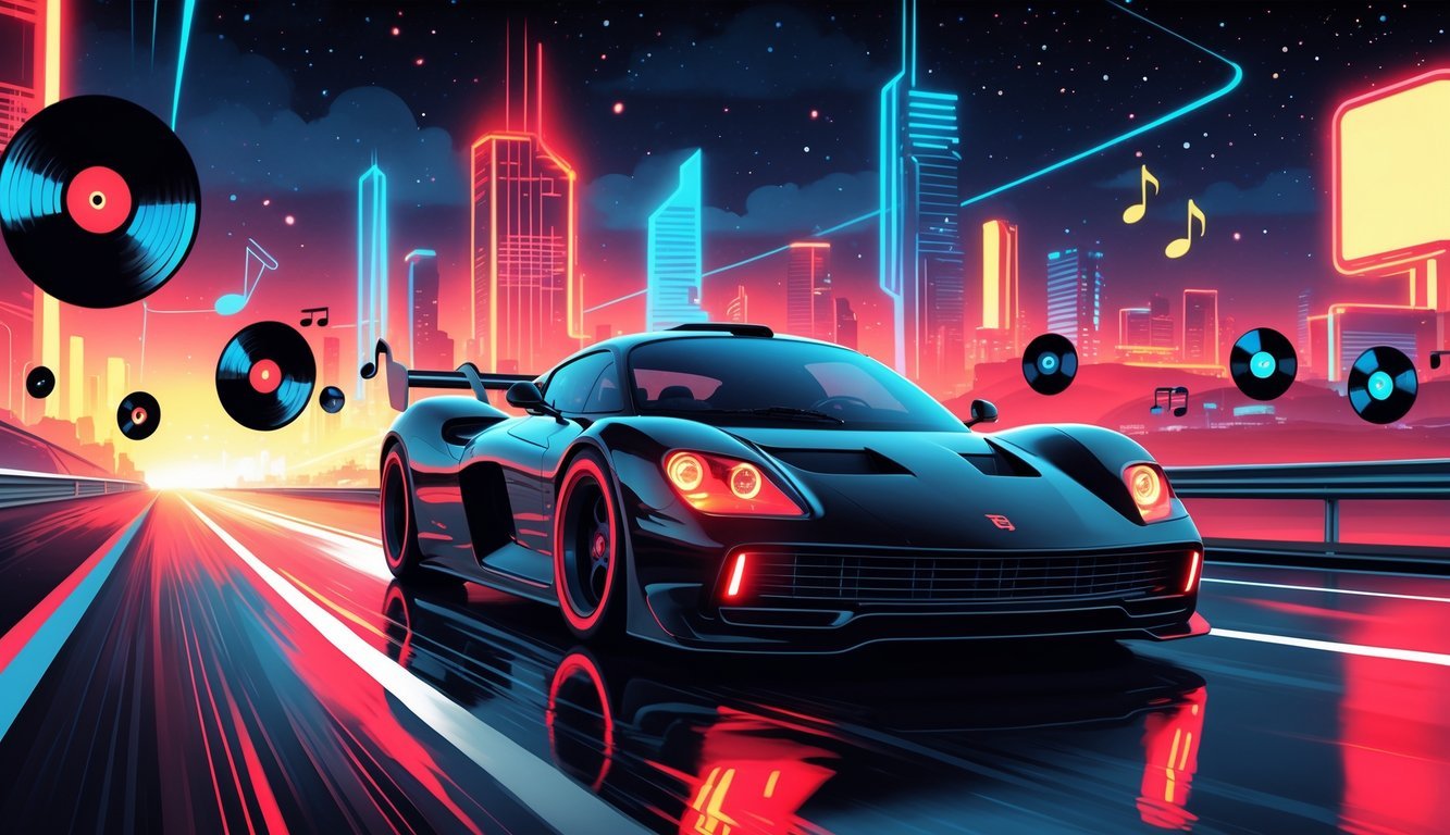 A black futuristic sports car with a red scanner light speeds down a neon-lit highway at night with floating musical notes and retro music elements around it.