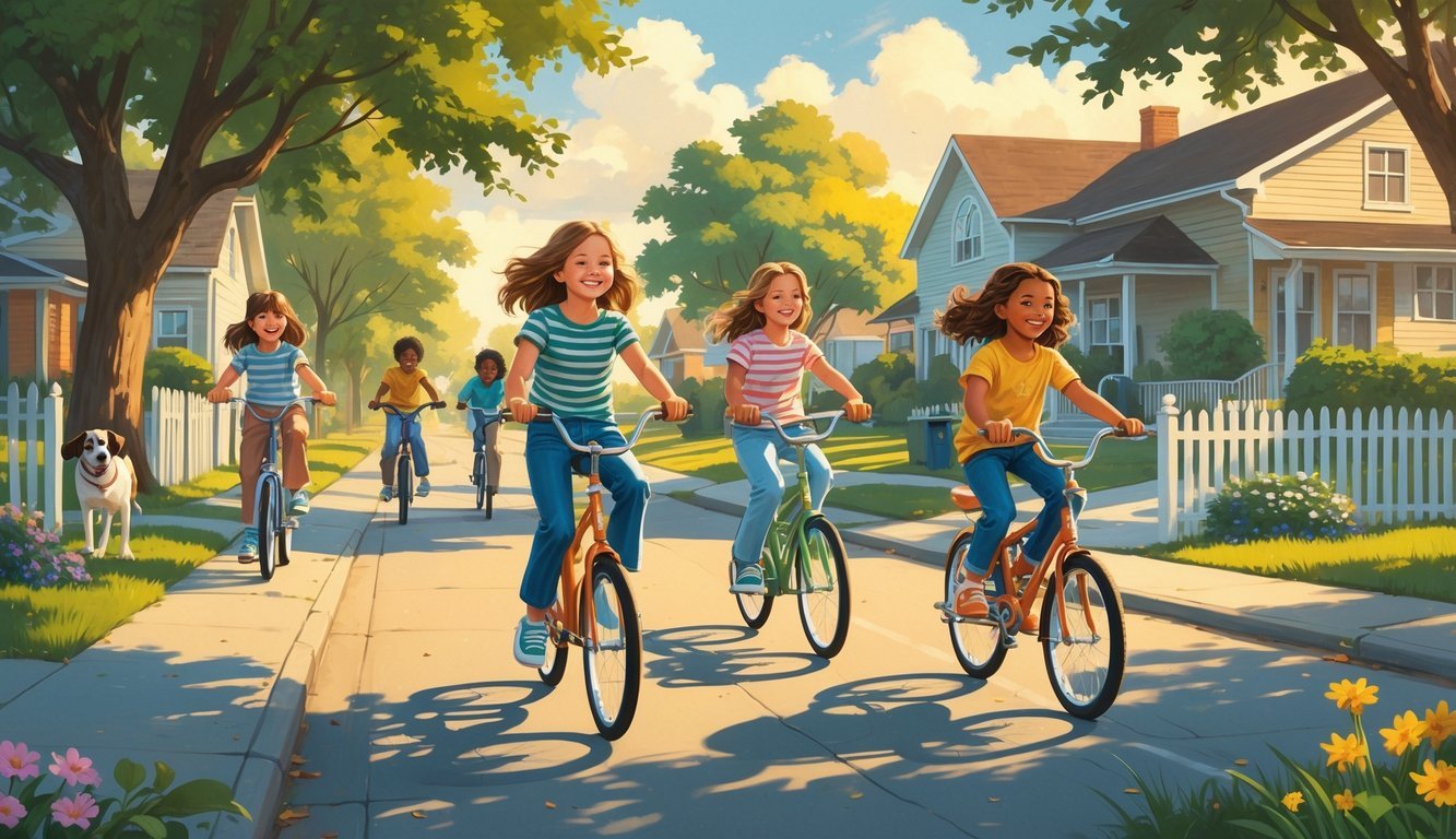 Children riding bikes together around a suburban neighborhood in the afternoon, enjoying an after-school bike ride.