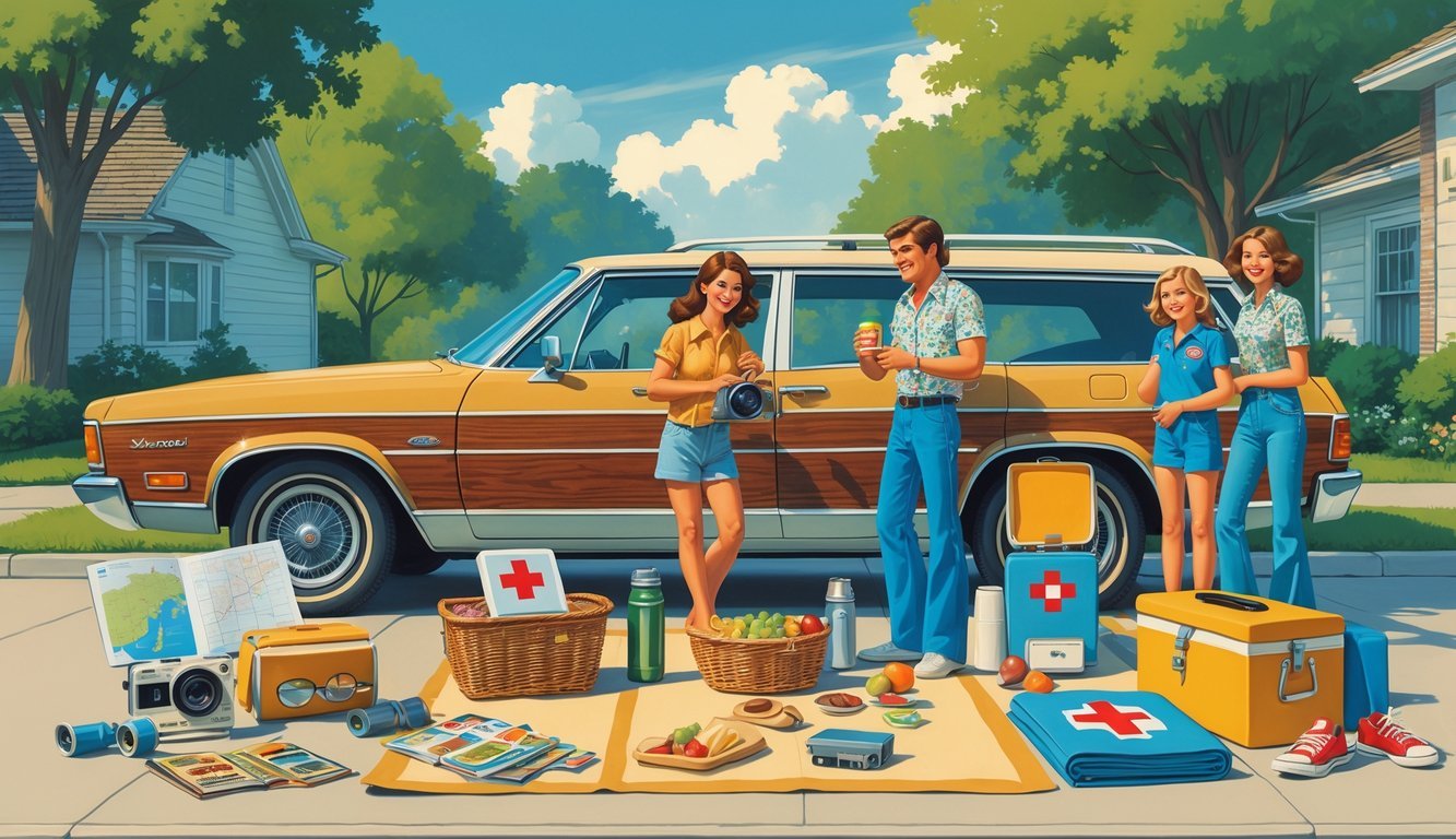 A family packing a wood-paneled station wagon with road trip essentials like a paper map, cooler, camera, and picnic basket outside a suburban house.