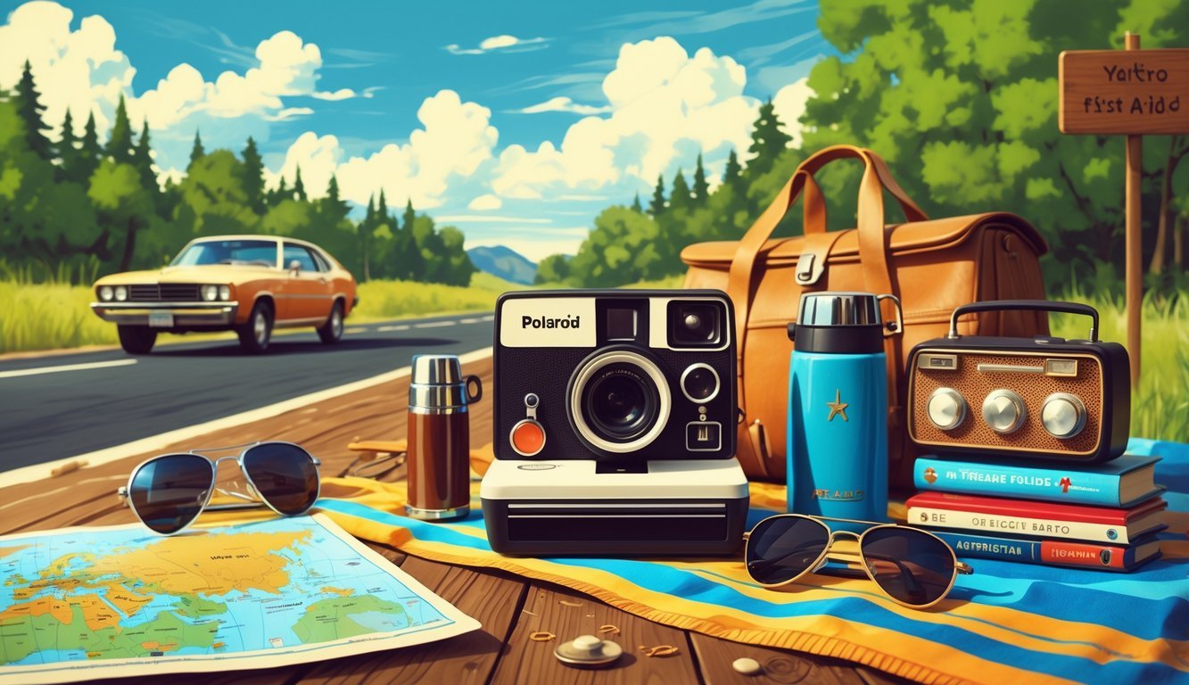 A classic Polaroid camera surrounded by nine vintage road trip items on a table, with a wood-paneled station wagon and a scenic open road in the background.
