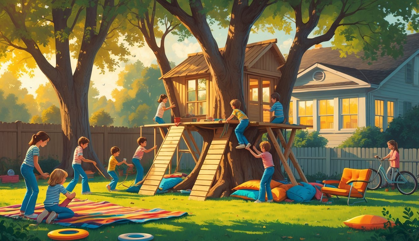 Children building a wooden treehouse and a blanket fort in a backyard surrounded by trees and a house, playing together after school.