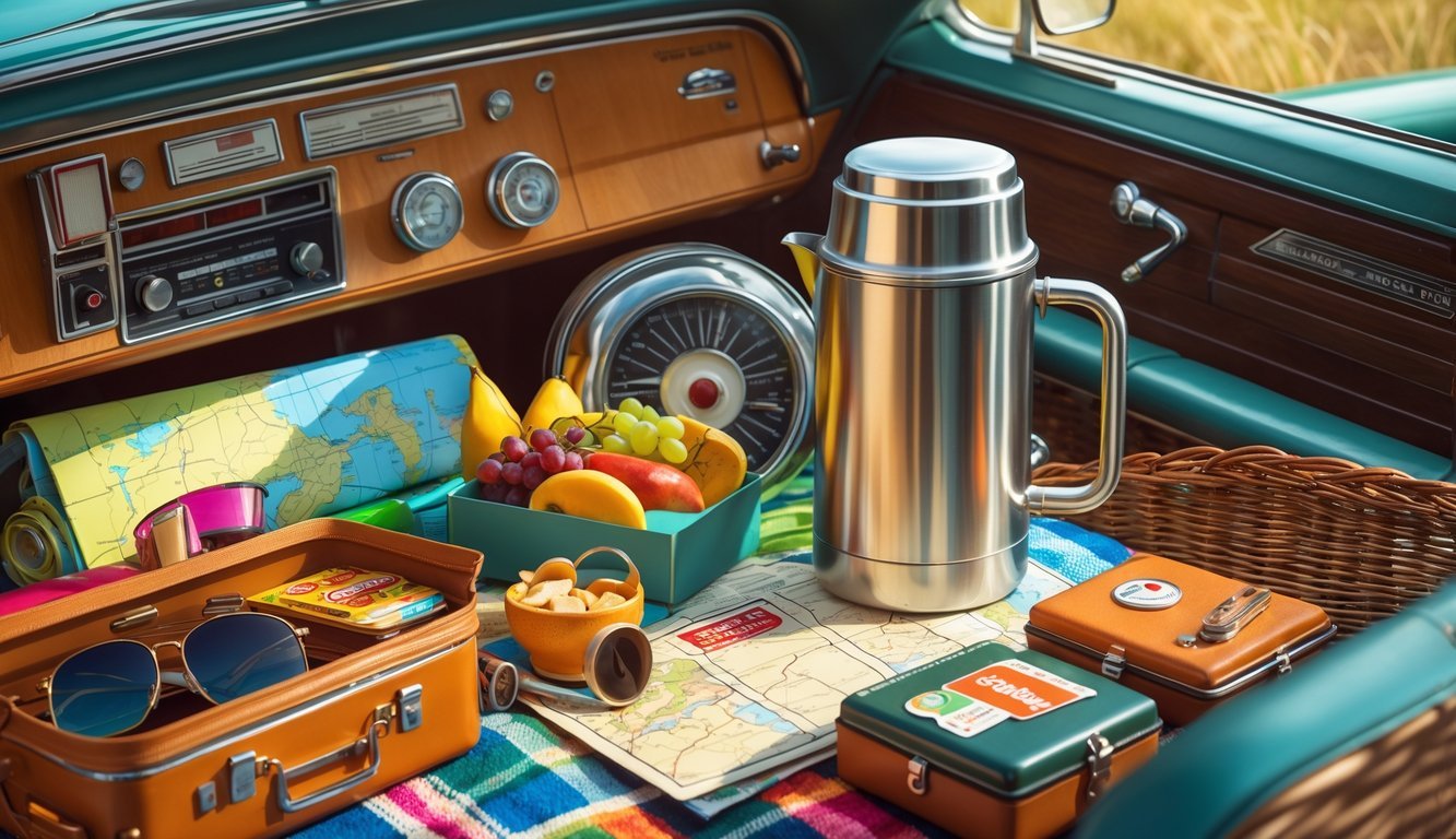 A collection of 1970s family road trip essentials including a stainless steel coffee thermos, picnic blanket, map, portable radio, snacks, sunglasses, camera, first aid kit, travel games, and picnic basket arranged together.