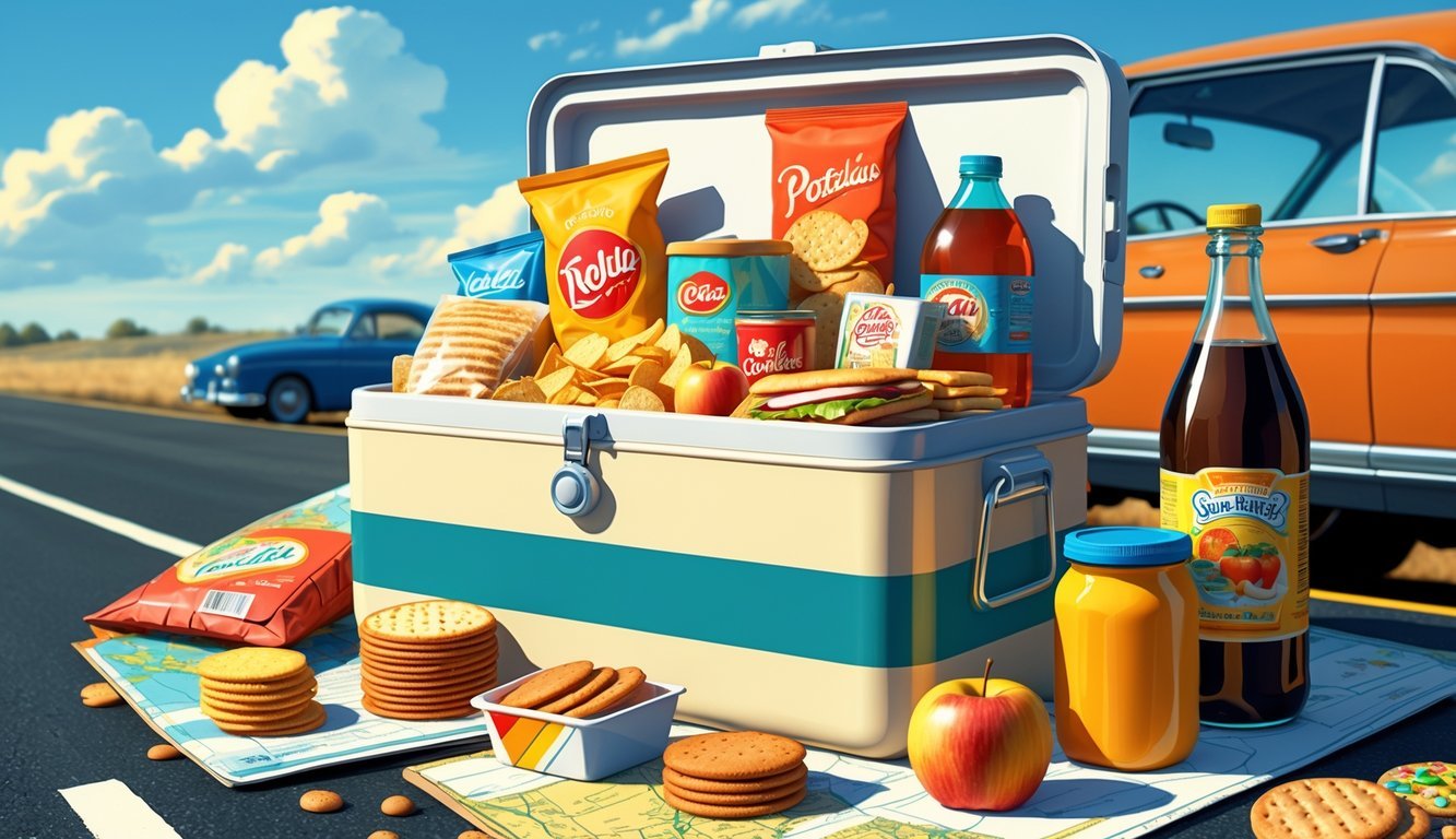 A vintage roadside snack cooler filled with classic 1970s family road trip snacks and drinks, set beside a parked classic car on a sunny day.
