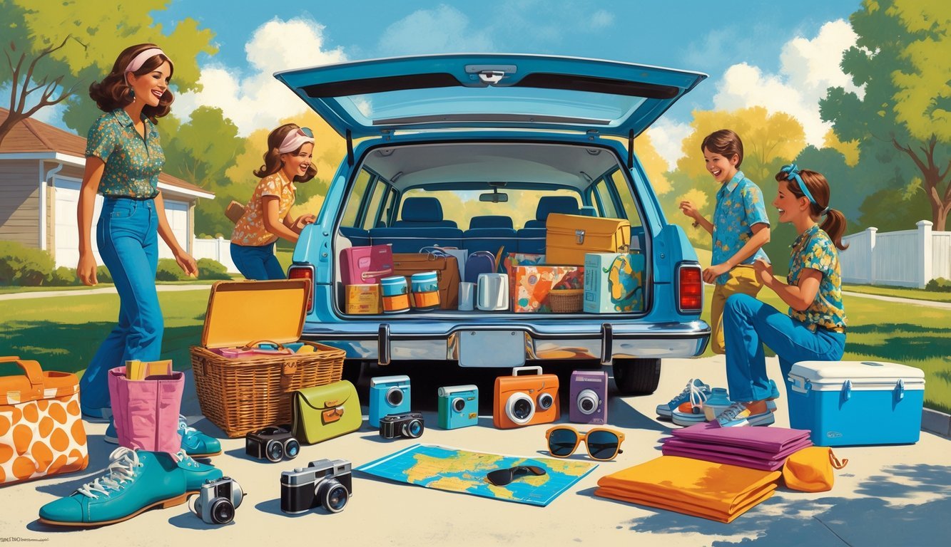A 1970s family packing a vintage station wagon with disposable cameras and other road trip essentials on a sunny suburban driveway.
